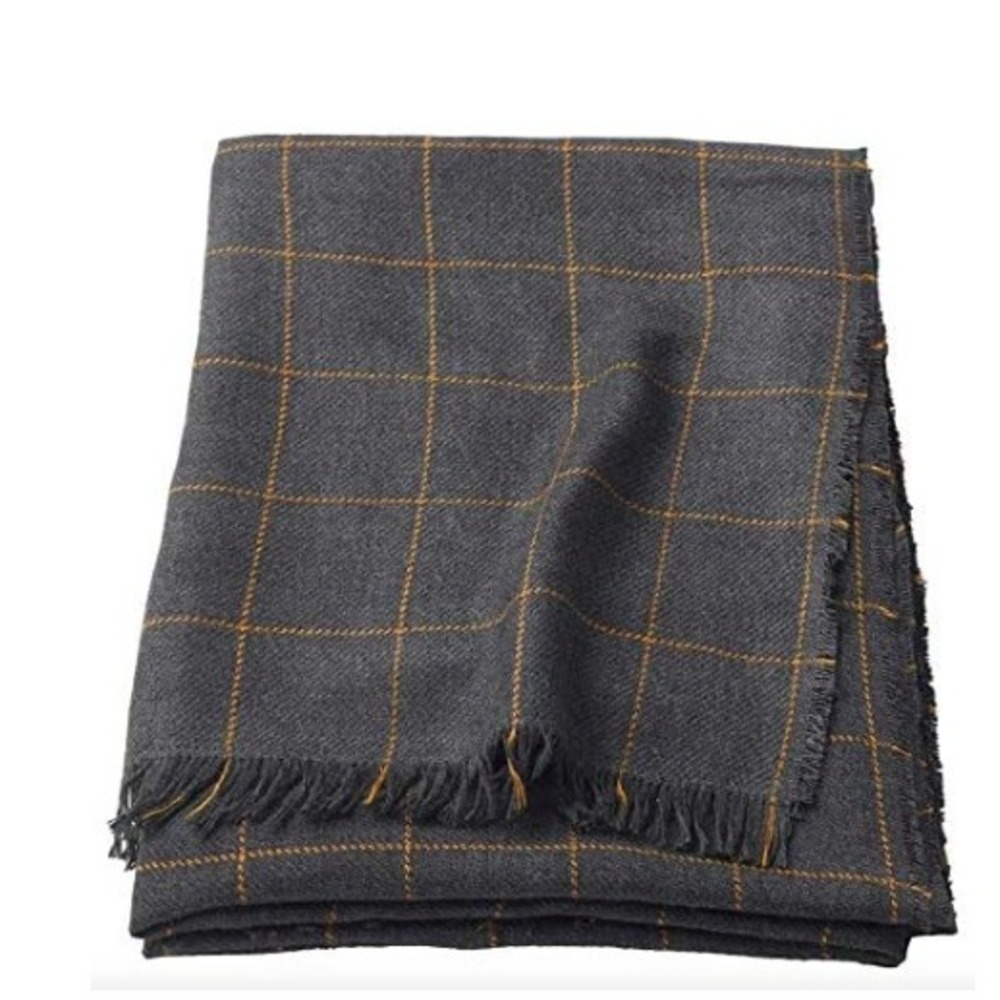 Ikea Varkrage Throw Blanket 43"x 67" Dark Grey w/Mustard, Fringe Edge NEW
